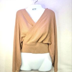 Dreamers By Debut Ribbed Wrap Style V Neck Open Back Crop Sweater Size Small